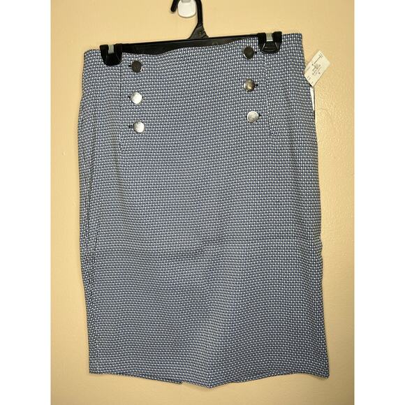 NWT Women’s Small SOHO Apparel Ltd. Blue White Geometric Print Pencil Skirt - Picture 1 of 5